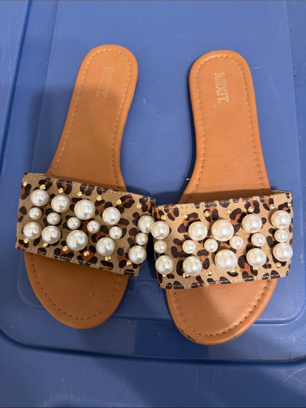 Mixit Leopard Pearl Slide Sandals - Tan